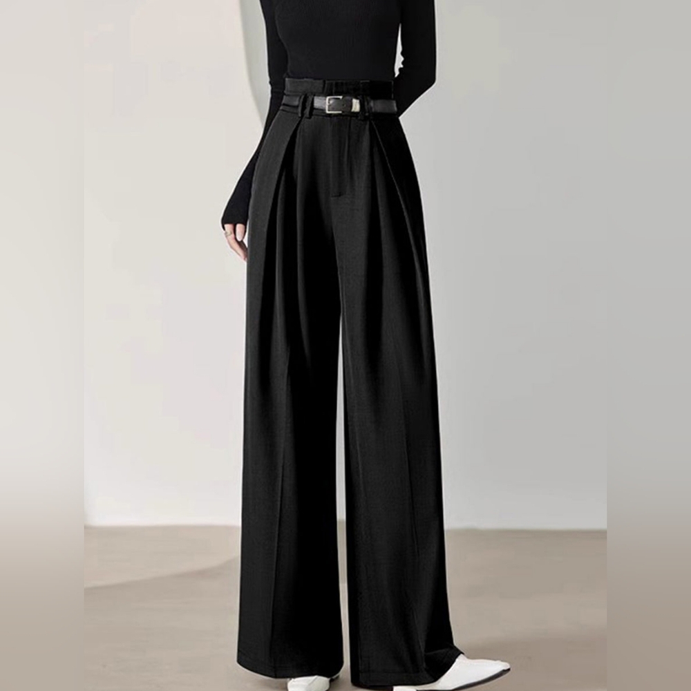 Commense Solid Belted Pleated Wide Leg Pants
